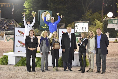 Team Captains Georgina Bloomberg and Kent Farrington in their presentation with Kim McCullough, Vice President of Marketing Jaguar Land Rover North America, Amy Klein of Suncast, Terry Allen Kramer, Mr. Donald Trump, and Mark, Katherine and Paige Bellissimo
