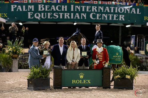 McLain Ward and HH Carlos Z in their winning presentation with Hunter and Jeannie Harrison, Mark and Katherine Bellissimo, Peter Nicholson, Senior Advisor Rolex Watch USA, and ringmaster Gustavo Murcia