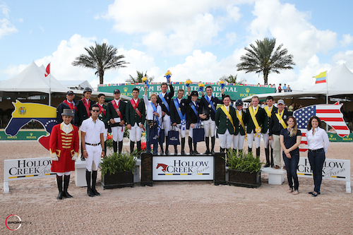 Top three Young Rider teams - USA, Brazil and Ireland with Emanuel Andrade of Hollow Creek Farm and Equiline's Charly Miller and Kelly Molinari