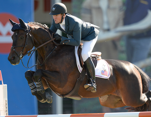 McLain Ward of USA riding HH Carlos Z during the TELUS Cup at the Spruce Meadows Masters.