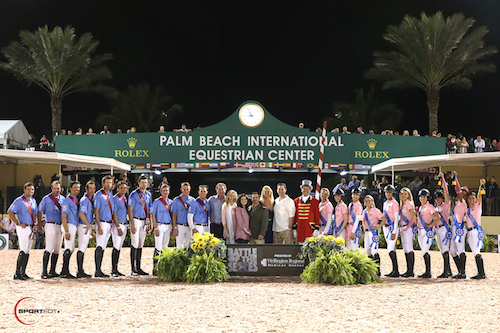 The men and women's teams celebrate a great night with Mark and Katherine Bellissimo of Equestrian Sport Productions, Wellington Regional Medical Center COO Pam Tahan, Nick Sama, M.D., Chairman of the Department of Orthopedics, Robbin Lee, CEO, dam Bromberg, M.D., Chairman of the Department of Emergency Services, and ringmaster Steve Rector.