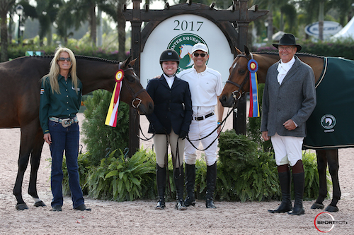 Martha and John Ingram with champion Lyons Creek Bellini and reserve champion Ice Time, joined by Kathy Serio of Adequan® and ringmaster Steve Rector.
