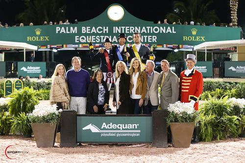 Meredith Michaels-Beerbaum, Eric Lamaze, and Sergio Alvarez Moya in the top three presentation with Equestrian Sport Productions' Katherine and Mark Bellissimo, Marsha Dammerman, Luitpold Pharmaceuticals (makers of Adequan® i.m.) representatives Kathy Serio (Senior Territory Manager), Audrey Bolte (Brand Manager of the Animal Health Division), Roger Smith, Allyn Mann (Director of the Luitpold Animal Health Division), and ringmaster Steve Rector.