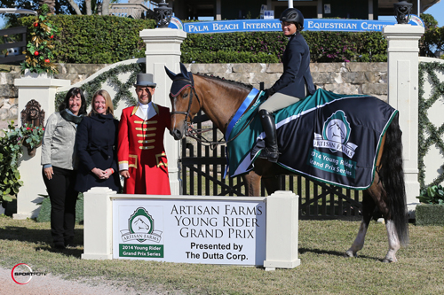 Victoria Colvin and Don Juan in their winning presentation with ringmaster Gustavo Murcia, Artisan Farms' Carlene Ziegler, and Liz Davoll representing the Dutta Corp.